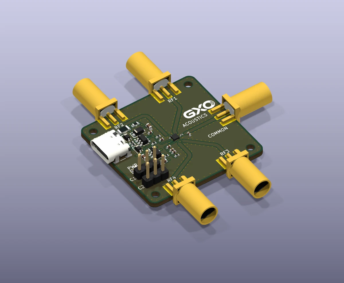 RF4 two-layer PCB CAD preview showing the RF switch, five SMA connectors, USB-C and jumper selectors